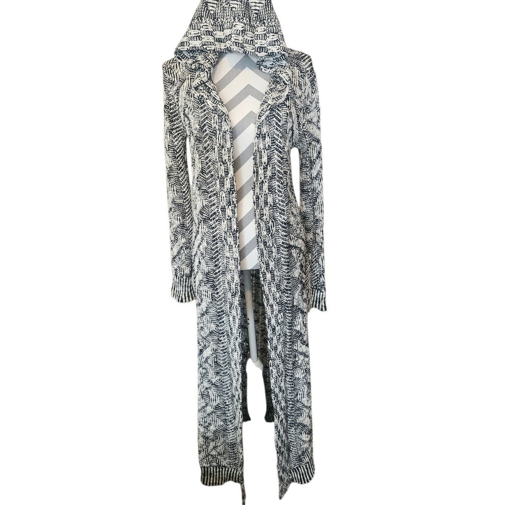 Kendall & Kylie Womens Black White Geometric Knit Hooded Longline Cardigan XS/S